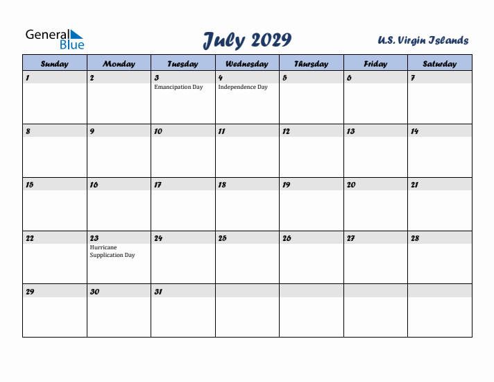 July 2029 Calendar with Holidays in U.S. Virgin Islands