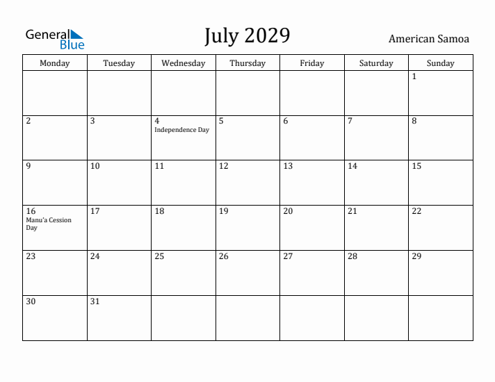 July 2029 Calendar American Samoa