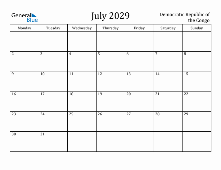 July 2029 Calendar Democratic Republic of the Congo