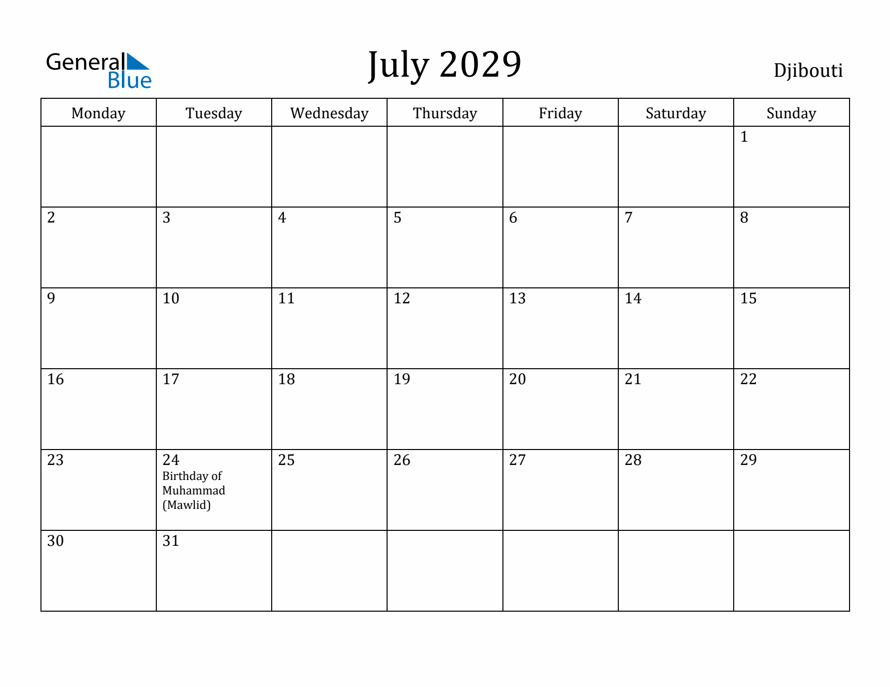 July 2029 Calendar Djibouti