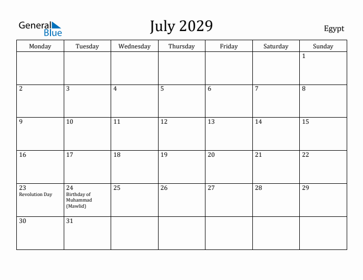 July 2029 Calendar Egypt
