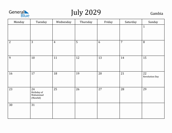 July 2029 Calendar Gambia