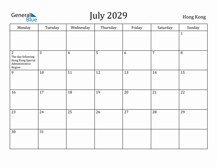 July 2029 Calendar Hong Kong