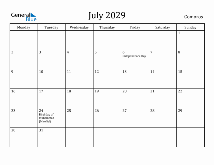 July 2029 Calendar Comoros