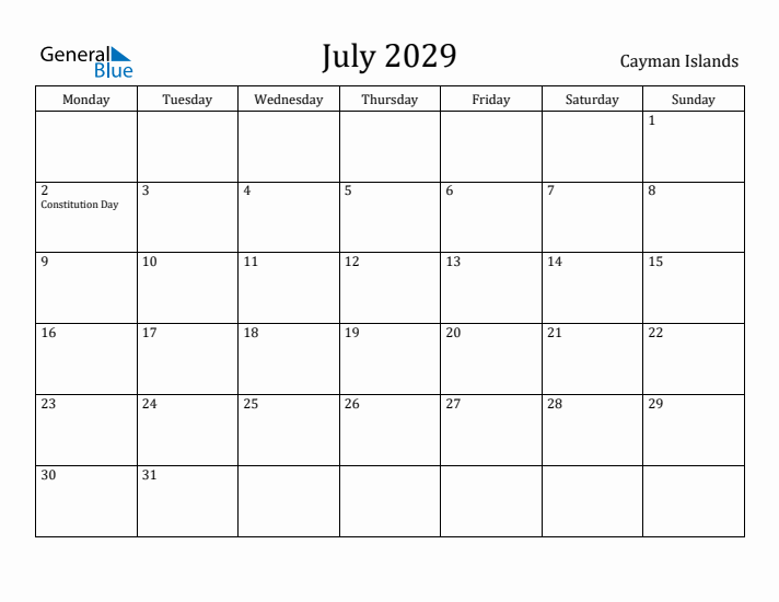 July 2029 Calendar Cayman Islands