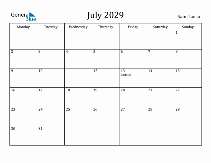 July 2029 Calendar Saint Lucia