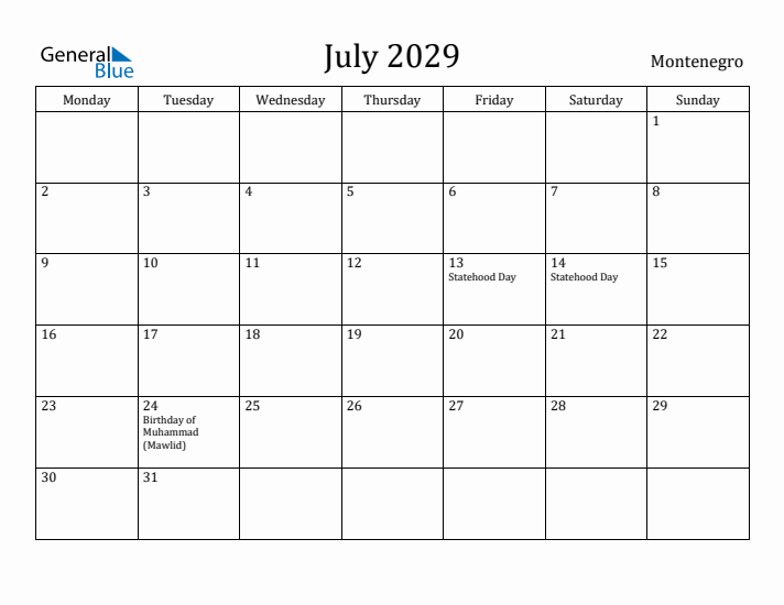 July 2029 Calendar Montenegro