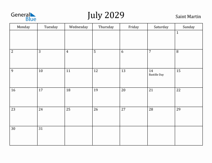 July 2029 Calendar Saint Martin