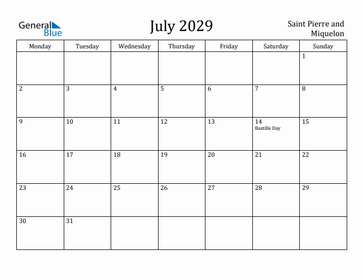July 2029 Calendar Saint Pierre and Miquelon