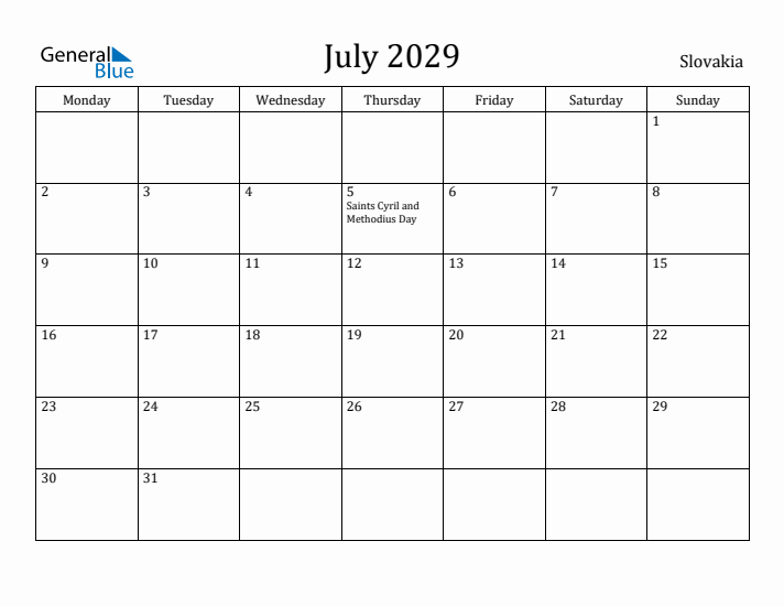 July 2029 Calendar Slovakia