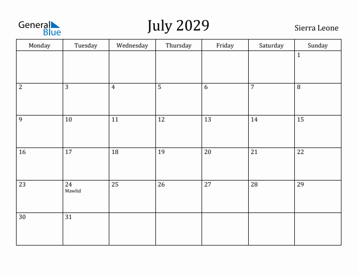 July 2029 Calendar Sierra Leone
