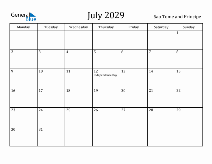 July 2029 Calendar Sao Tome and Principe