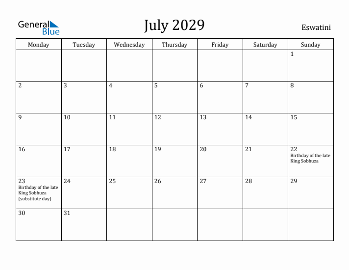 July 2029 Calendar Eswatini