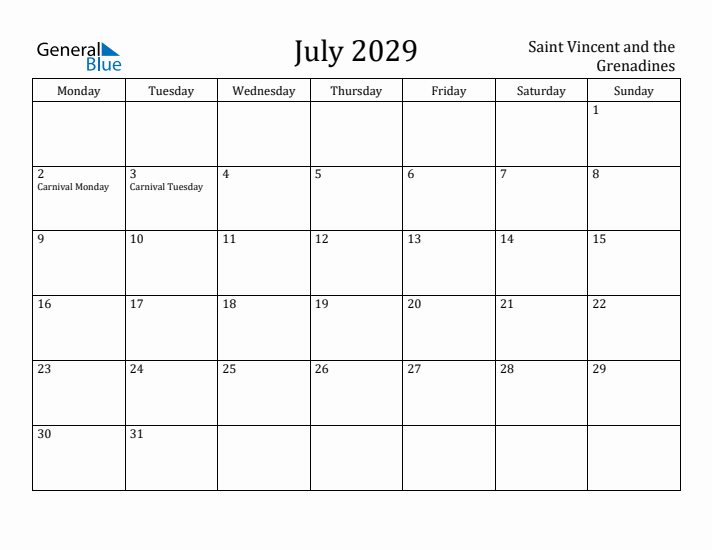 July 2029 Calendar Saint Vincent and the Grenadines