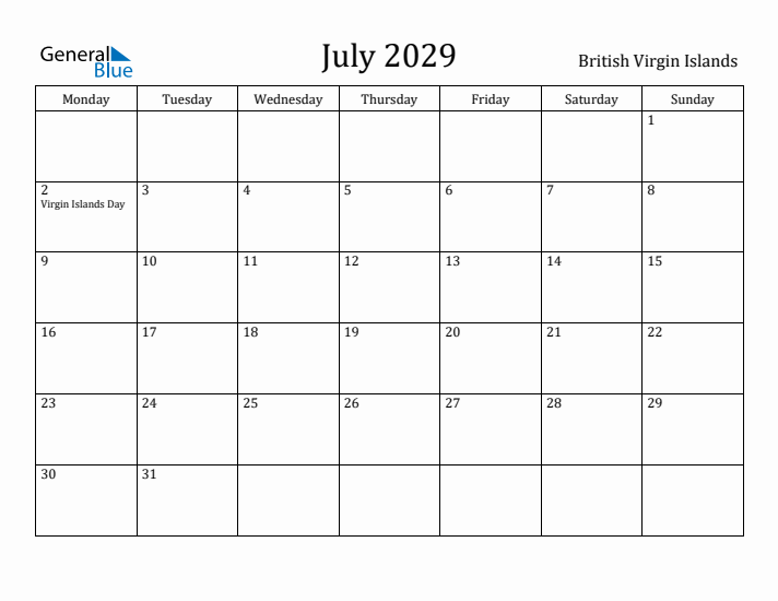 July 2029 Calendar British Virgin Islands