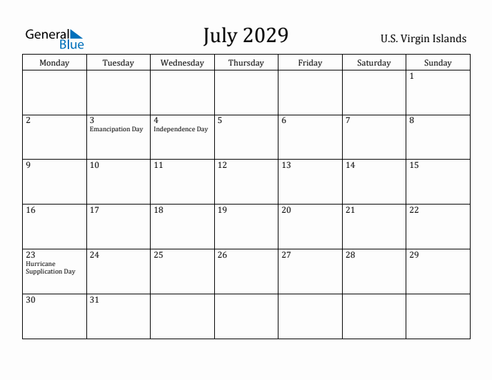 July 2029 Calendar U.S. Virgin Islands