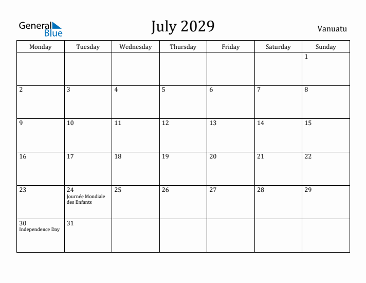 July 2029 Calendar Vanuatu