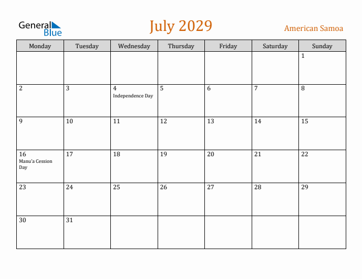 July 2029 Holiday Calendar with Monday Start