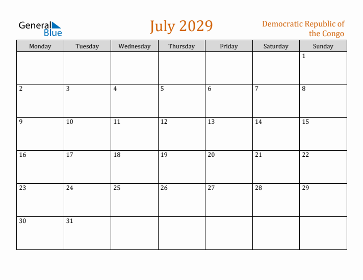 July 2029 Holiday Calendar with Monday Start