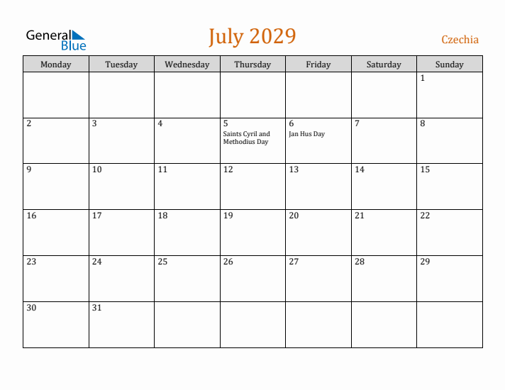 July 2029 Holiday Calendar with Monday Start