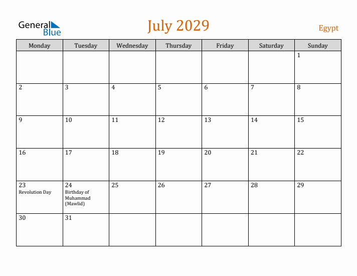 July 2029 Holiday Calendar with Monday Start