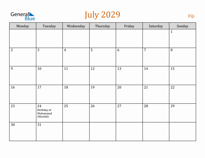 July 2029 Holiday Calendar with Monday Start