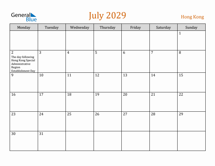 July 2029 Holiday Calendar with Monday Start
