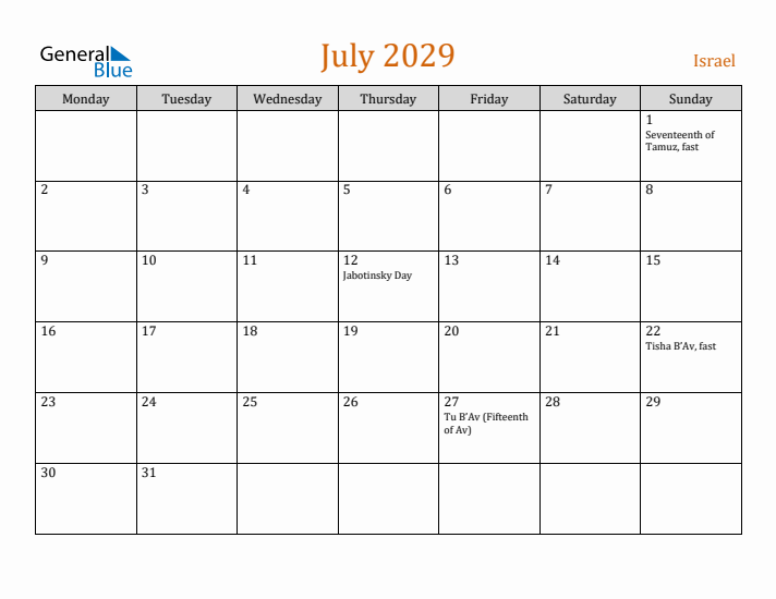 July 2029 Holiday Calendar with Monday Start