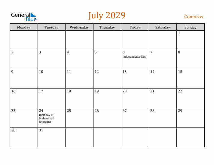July 2029 Holiday Calendar with Monday Start