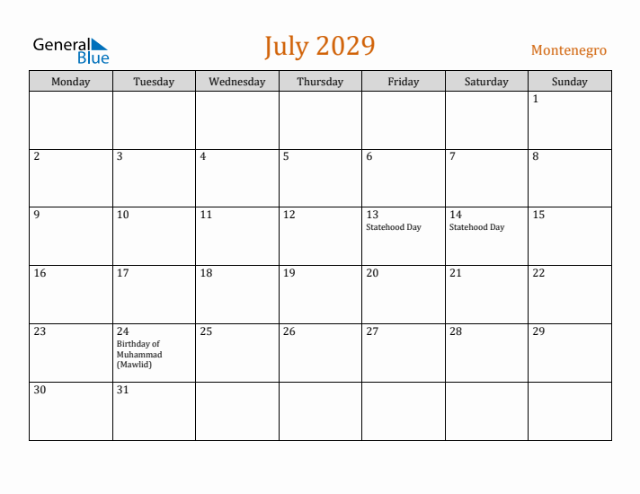 July 2029 Holiday Calendar with Monday Start