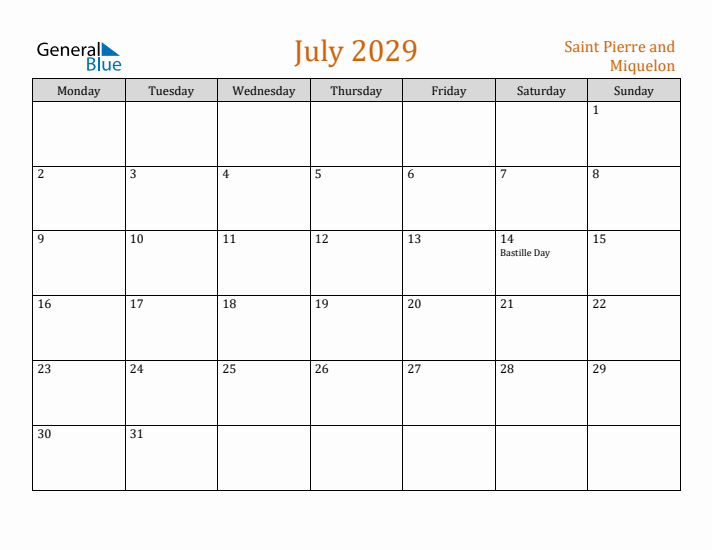 July 2029 Holiday Calendar with Monday Start