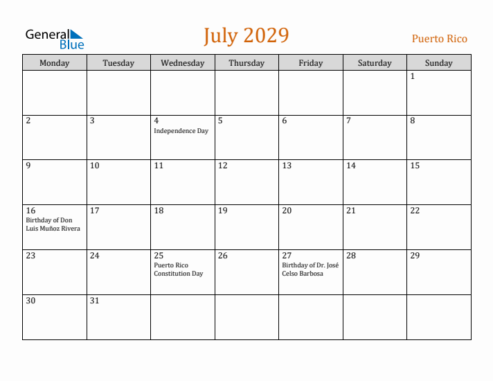 July 2029 Holiday Calendar with Monday Start