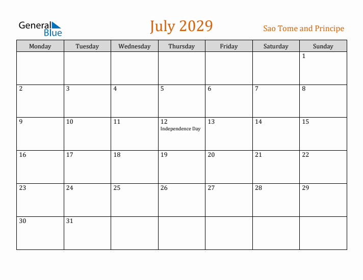 July 2029 Holiday Calendar with Monday Start