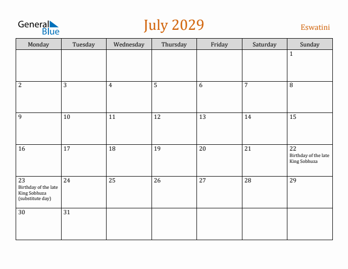 July 2029 Holiday Calendar with Monday Start