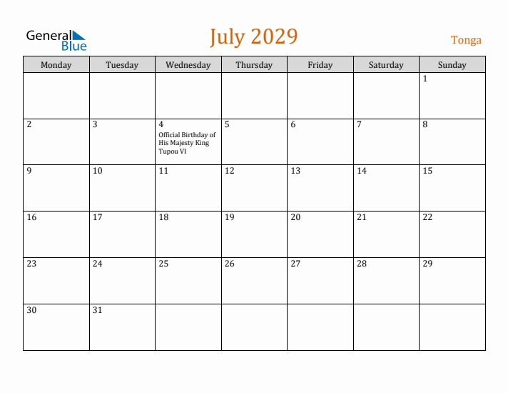July 2029 Holiday Calendar with Monday Start