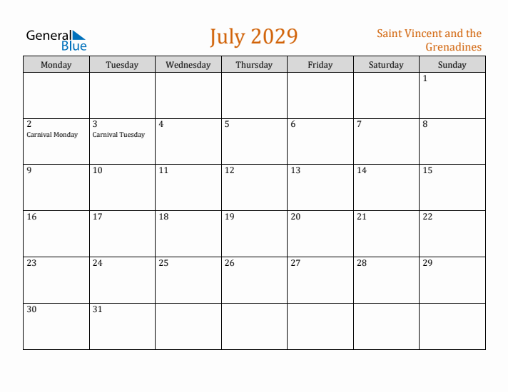 July 2029 Holiday Calendar with Monday Start