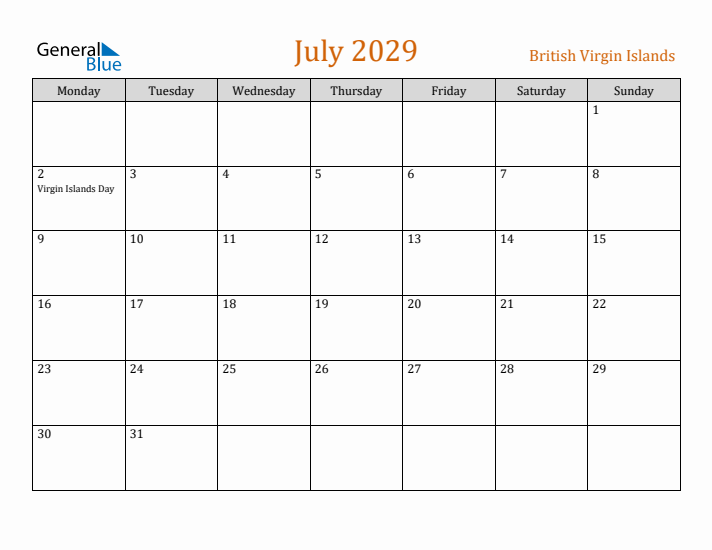 July 2029 Holiday Calendar with Monday Start