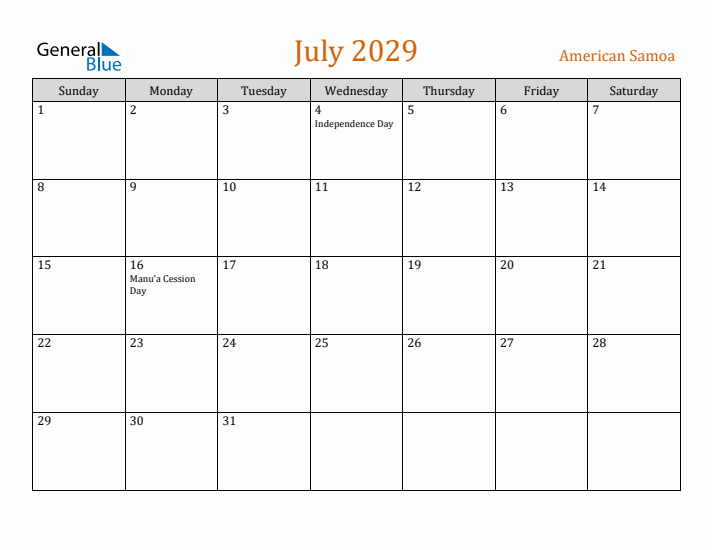 July 2029 Holiday Calendar with Sunday Start