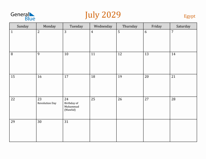 July 2029 Holiday Calendar with Sunday Start