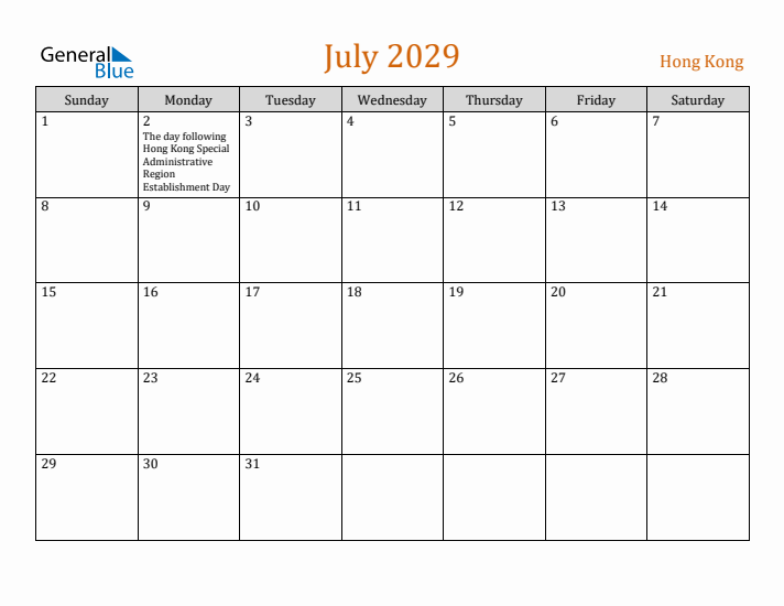 July 2029 Holiday Calendar with Sunday Start