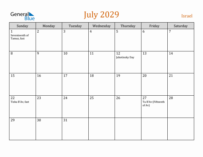 July 2029 Holiday Calendar with Sunday Start