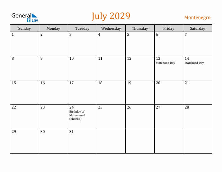 July 2029 Holiday Calendar with Sunday Start