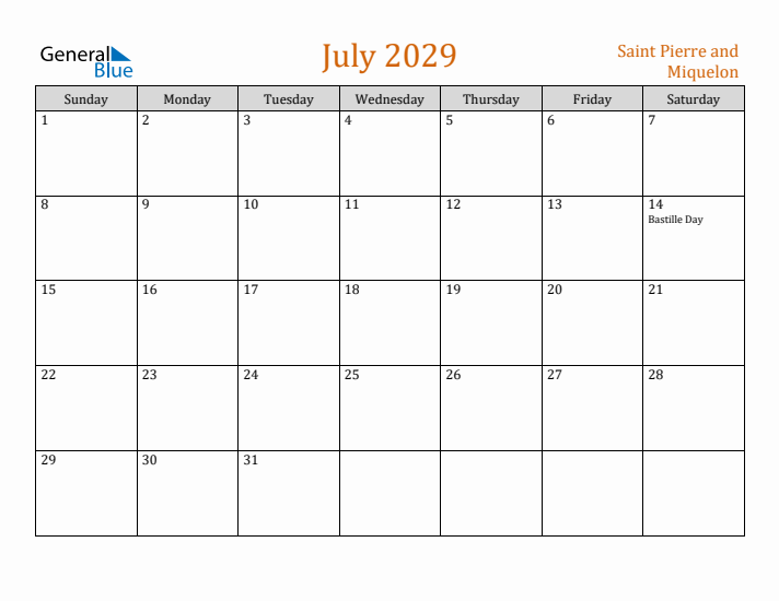 July 2029 Holiday Calendar with Sunday Start