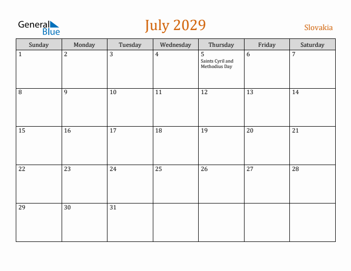 July 2029 Holiday Calendar with Sunday Start
