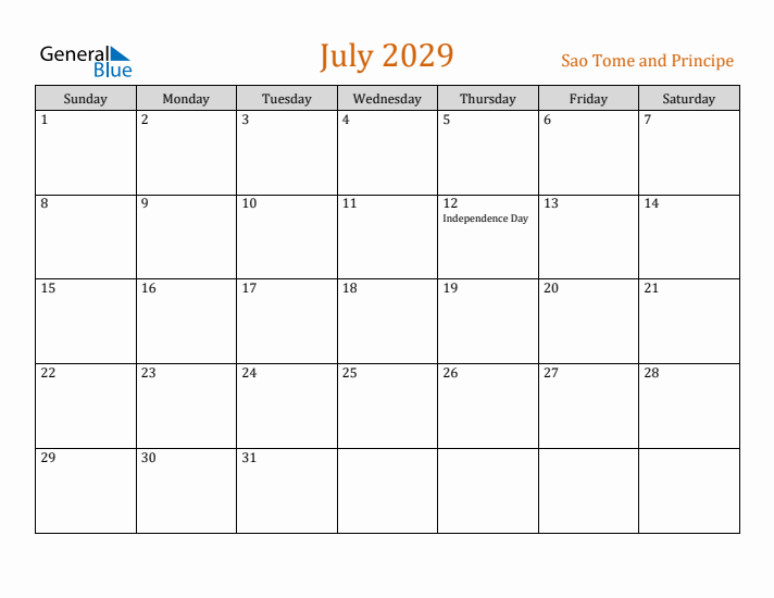July 2029 Holiday Calendar with Sunday Start