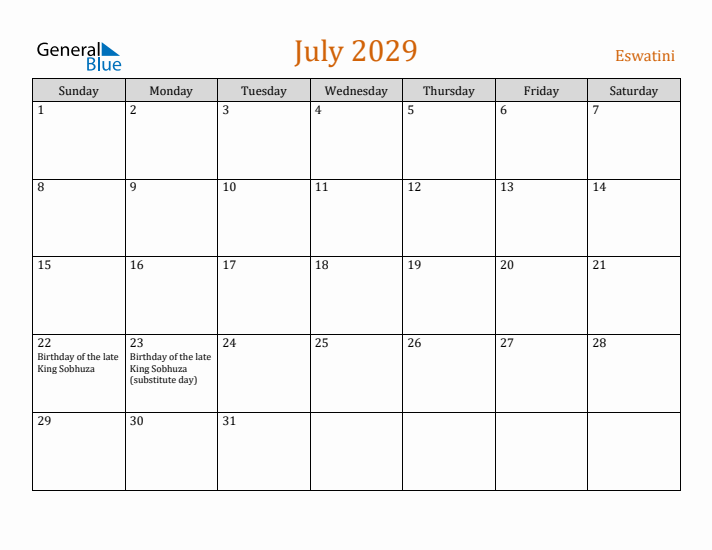 July 2029 Holiday Calendar with Sunday Start