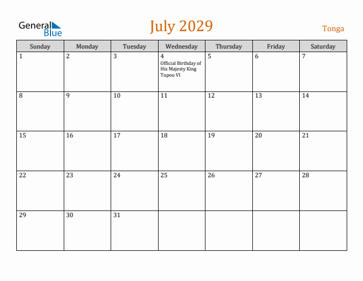 July 2029 Holiday Calendar with Sunday Start