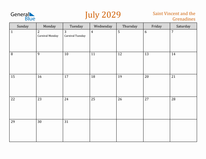 July 2029 Holiday Calendar with Sunday Start