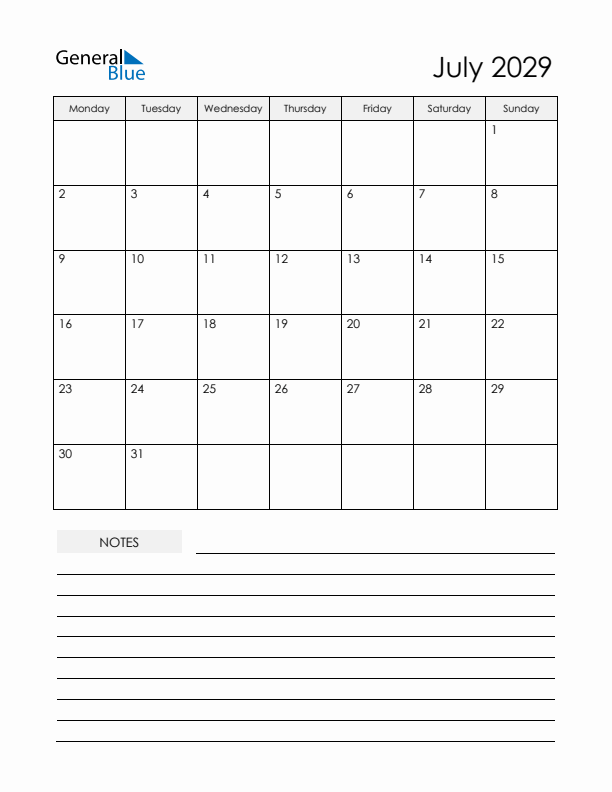 Printable Calendar with Notes - July 2029 