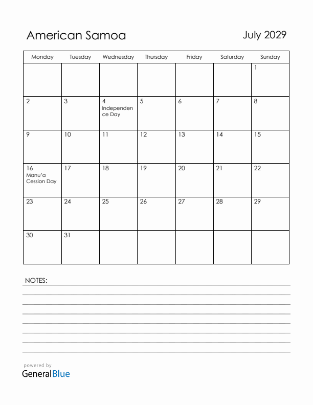 July 2029 American Samoa Calendar with Holidays (Monday Start)